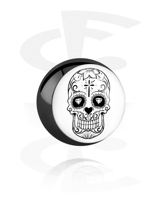 Golyók, tűk és egyebek, Ball for 1.6mm threaded pins (surgical steel, black, shiny finish) val vel sugar skull "Dia de Los Muertos" design , Sebészeti acél, 316L