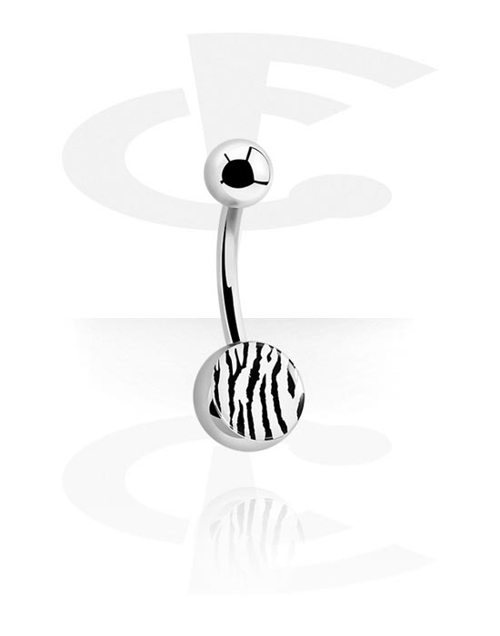 Zahnuté činky, Krúžok do pupku (chirurgická oceľ, strieborná, lesklý povrch) s motív zebra, Chirurgická oceľ 316L
