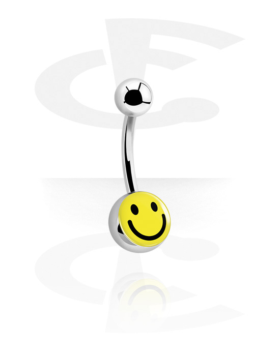 Curved Barbells, Belly button ring (surgical steel, silver, shiny finish) with smiley design, Surgical Steel 316L