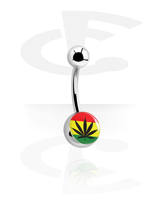 Zahnuté činky, Krúžok do pupku (chirurgická oceľ, strieborná, lesklý povrch) s listom marihuany a jamajskými farbami, Chirurgická oceľ 316L