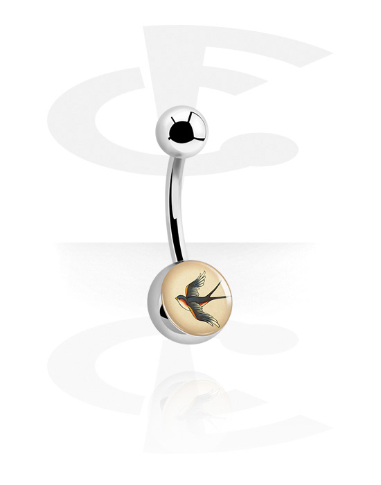 Zaobljene šipkice, Prsten za pupak (kirurški čelik, srebrna, sjajna završna obrada) s dizajnom ptica, Kirurški čelik 316L