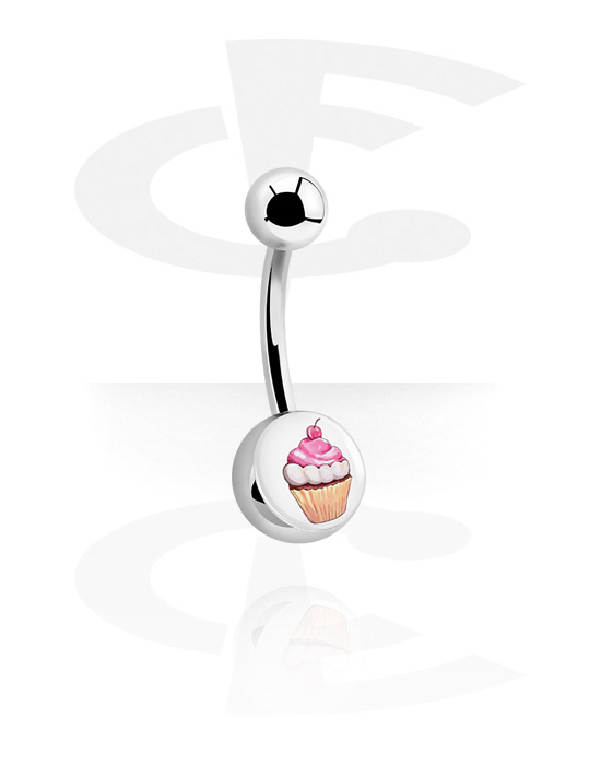 Curved Barbells, Belly button ring (surgical steel, silver, shiny finish) with cupcake design, Surgical Steel 316L