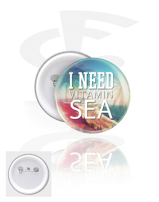 Buttony, Button s nápisom „I need vitamin sea“, Pocínovaný plech, Plast