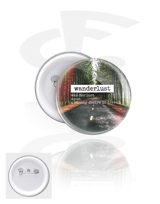 Ansteck-Buttons, Ansteck-Button mit "wanderlust" Schriftzug, Weißblech, Kunststoff
