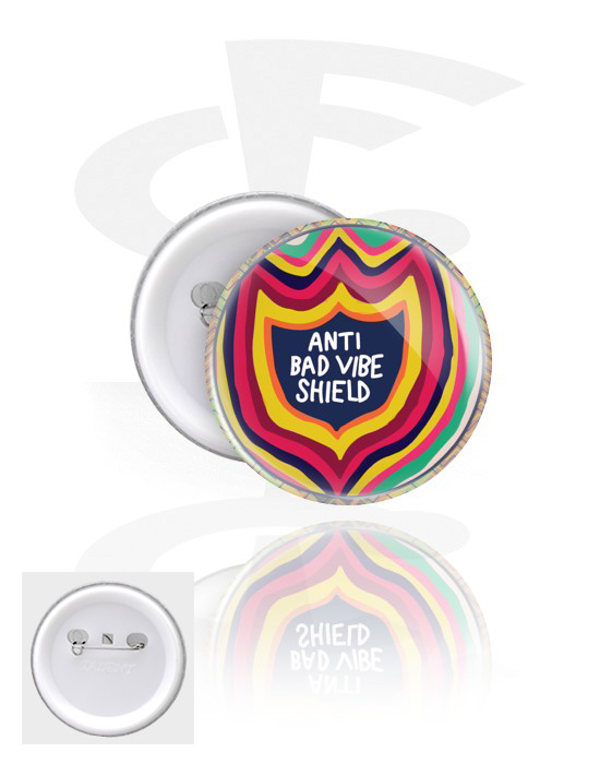 Buttony, Button s nápisom „Anti bad vibe shield“, Pocínovaný plech, Plast