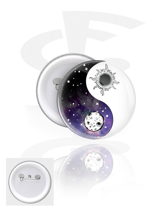 Buttons, Button with Yin-Yang design, Tinplate, Plastic