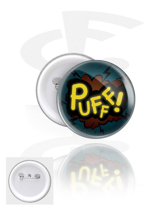 Buttons, Button with "Puff" lettering, Tinplate, Plastic