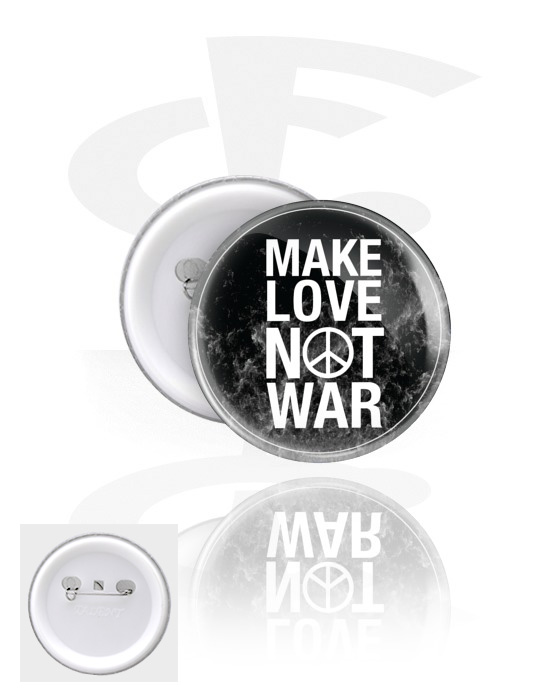 Buttony, Button s nápisom „Make love not war“, Pocínovaný plech, Plast