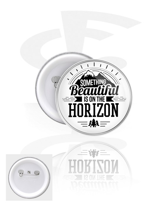 Buttons, Button with "Something beautiful is on the horizon" lettering, Tinplate, Plastic