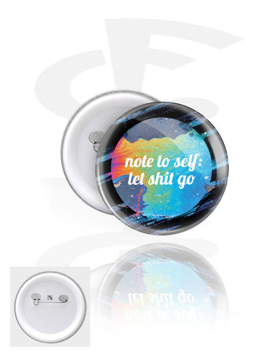 Buttons, Button s nápisem „let shit go“, Pocínovaný plech, Plast