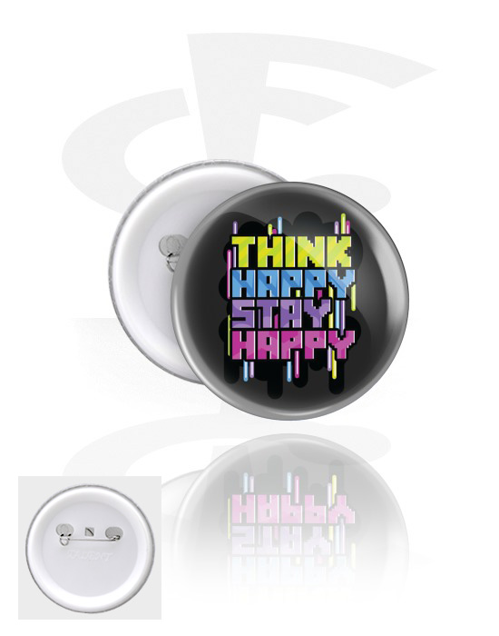 Ansteck-Buttons, Ansteck-Button mit "Think happy stay happy" Schriftzug, Weißblech, Kunststoff