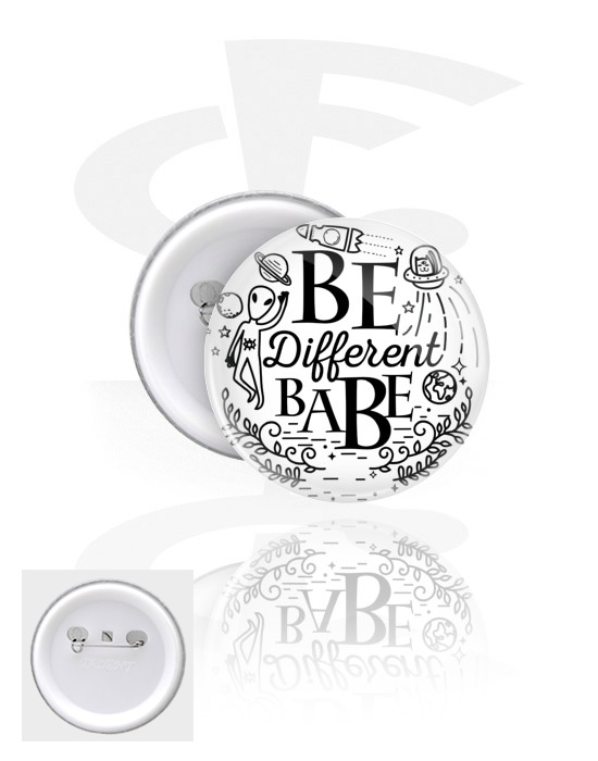 Buttony, Button s nápisem „Be different Babe“, Pocínovaný plech, Plast
