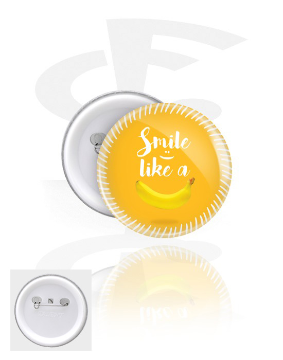 Ansteck-Buttons, Ansteck-Button mit "Smile" Schriftzug, Weißblech, Kunststoff