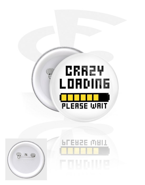 Ansteck-Buttons, Ansteck-Button mit "loading" Schriftzug, Weißblech, Kunststoff