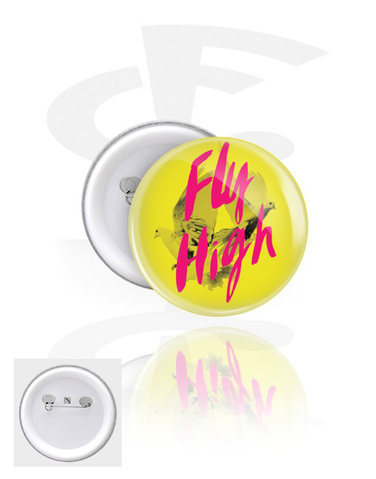 Ansteck-Buttons, Ansteck-Button mit "Fly high" Schriftzug, Weißblech, Kunststoff