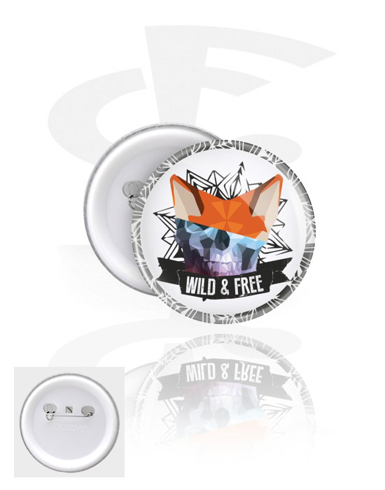 Ansteck-Buttons, Ansteck-Button mit "Wild & free" Schriftzug, Weißblech, Kunststoff