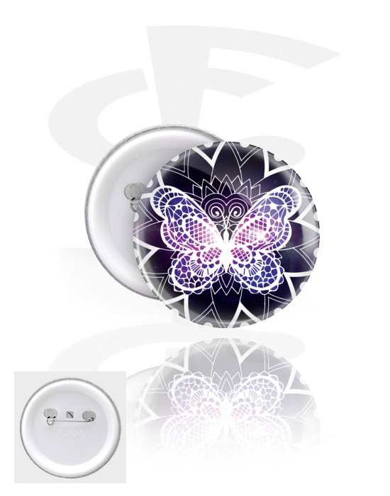 Buttons, Pin com design borboleta, Folha de flandres, Plástico