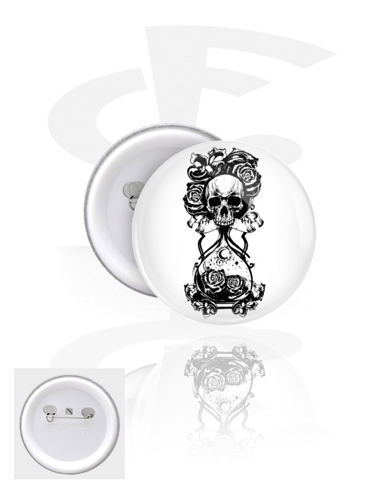 Ansteck-Buttons, Ansteck-Button mit Totenkopf-Design, Weißblech, Kunststoff