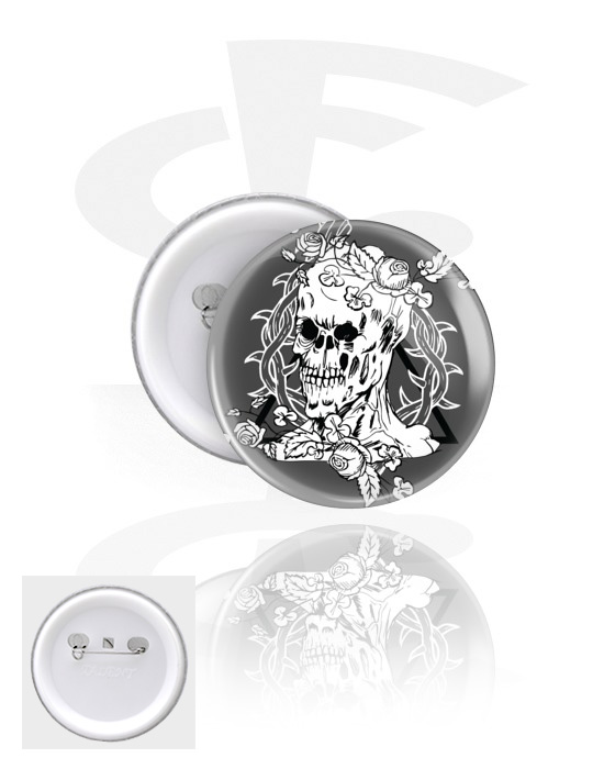 Ansteck-Buttons, Ansteck-Button mit Totenkopf-Design, Weißblech, Kunststoff