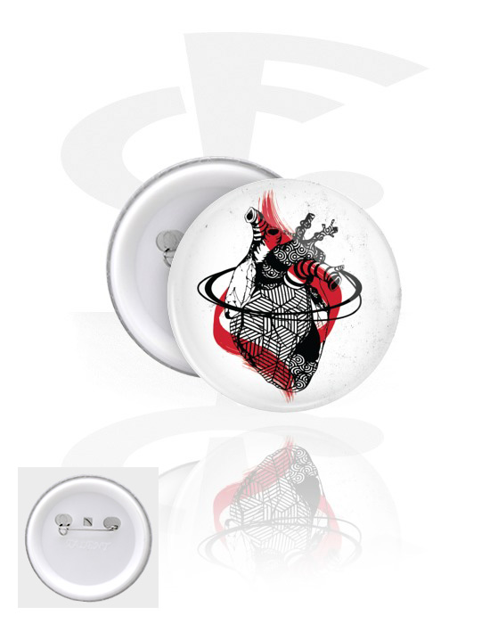 Buttons, Pin com design coração, Folha de flandres, Plástico