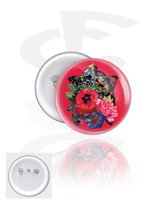 Ansteck-Buttons, Ansteck-Button mit Blumen-Design, Weißblech, Kunststoff