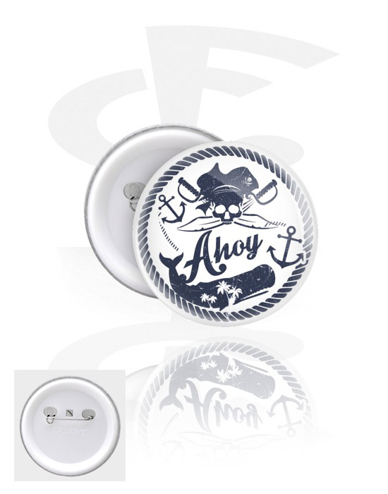 Ansteck-Buttons, Ansteck-Button mit "Ahoy" Schriftzug, Weißblech, Kunststoff