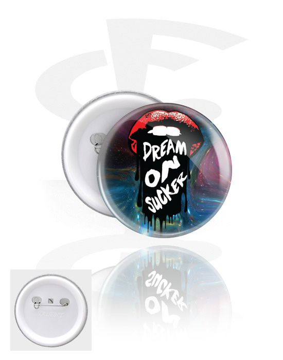 Buttons, Button with "Dream on s*cker" lettering, Tinplate, Plastic