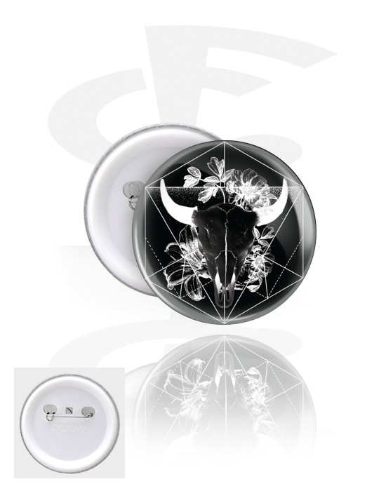 Badges, Badge med motiv med vædderkranium, Hvidblik, Plastik