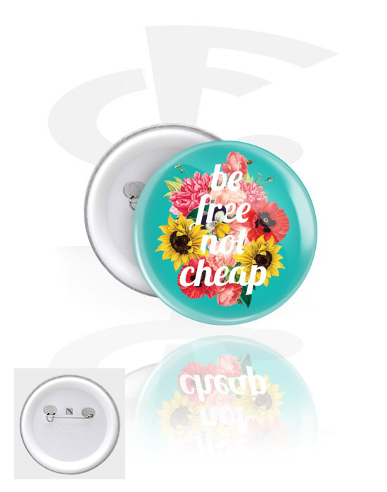 Buttons, Button s nápisem „Be free not cheap“, Pocínovaný plech, Plast