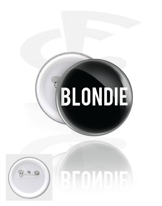 Ansteck-Buttons, Ansteck-Button mit "Blondie" Schriftzug, Weißblech, Kunststoff