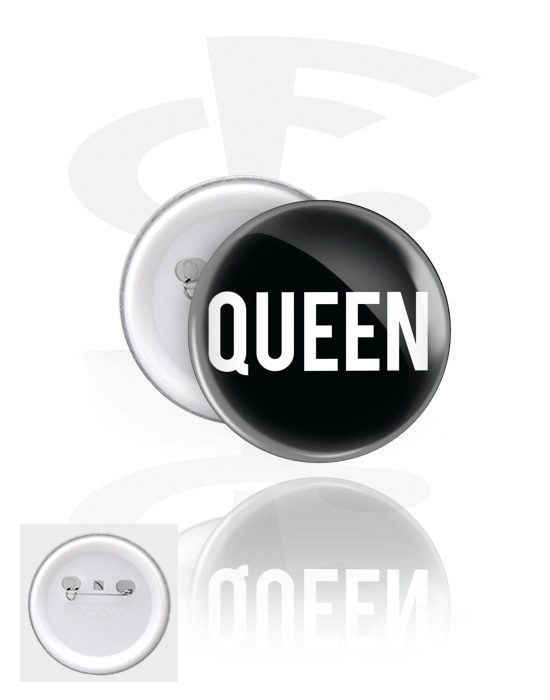 Ansteck-Buttons, Ansteck-Button mit "Queen" Schriftzug, Weißblech, Kunststoff