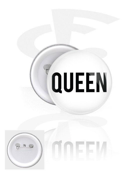Ansteck-Buttons, Ansteck-Button mit "Queen" Schriftzug, Weißblech, Kunststoff