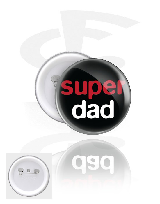 Ansteck-Buttons, Ansteck-Button mit "Super dad" Schriftzug, Weißblech, Kunststoff