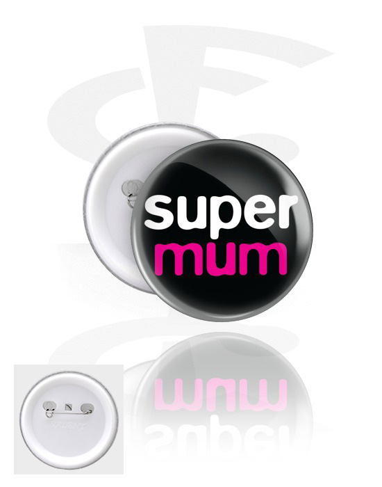 Buttons, Button with "Super mum" lettering, Tinplate, Plastic