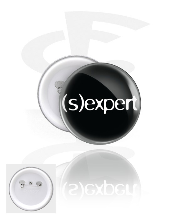 Buttons, Button s nápisem „(s)expert“, Pocínovaný plech, Plast