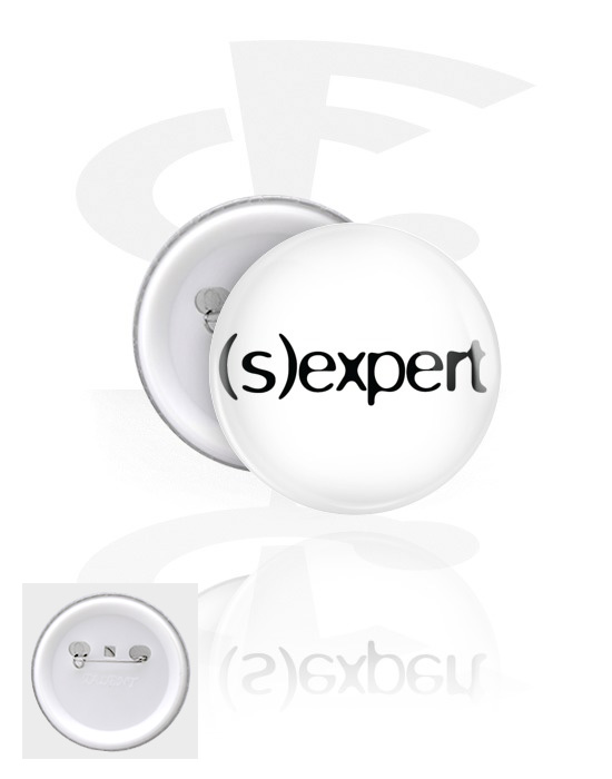 Ansteck-Buttons, Ansteck-Button mit "(s)expert" Schriftzug, Weißblech, Kunststoff