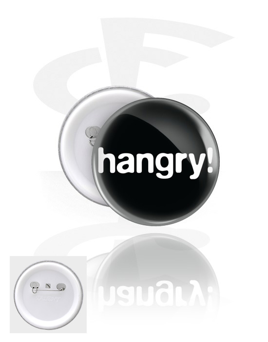 Ansteck-Buttons, Ansteck-Button mit "hangry" Schriftzug, Weißblech, Kunststoff