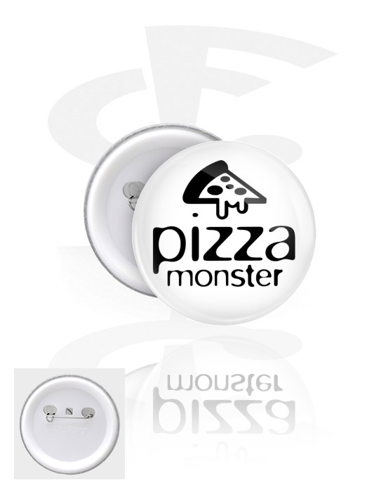 Ansteck-Buttons, Ansteck-Button mit "pizza monster" Schriftzug, Weißblech, Kunststoff