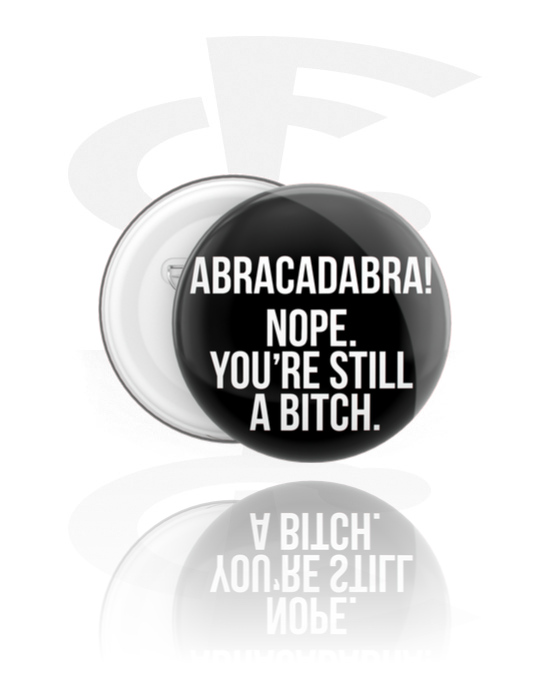 Ansteck-Buttons, Ansteck-Button mit "Abracadabra" Schriftzug, Weißblech, Kunststoff