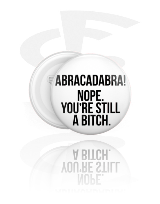 Ansteck-Buttons, Ansteck-Button mit "Abracadabra" Schriftzug, Weißblech, Kunststoff