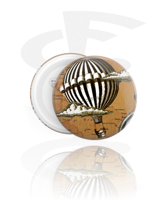 Ansteck-Buttons, Ansteck-Button mit motiv "Heißluftballon", Weißblech, Kunststoff