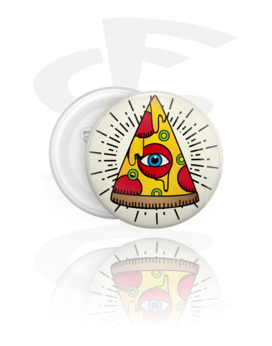 Badges, Badge med pizzamotiv, Hvidblik, Plastik