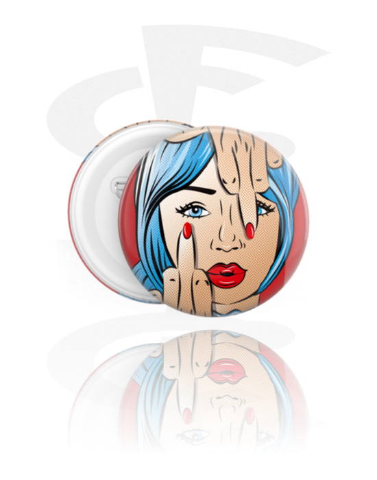 Buttons, Badge met stripmotief ‘ondeugende vrouw’, Blik, Kunststof