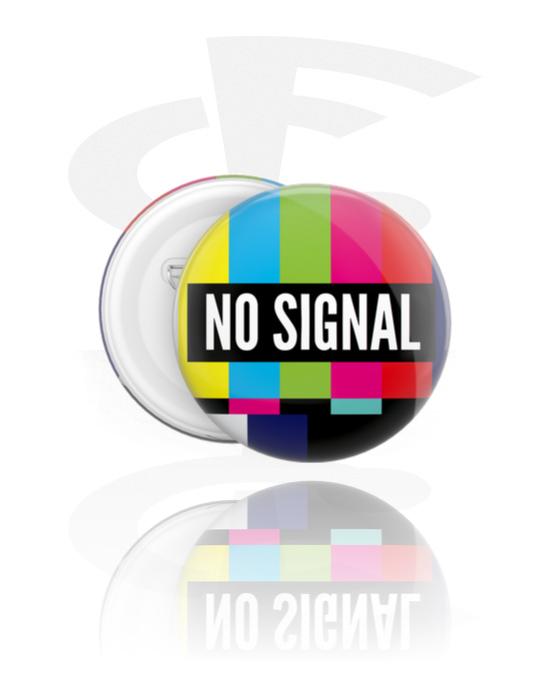 Ansteck-Buttons, Ansteck-Button mit "no signal" Schriftzug, Weißblech, Kunststoff