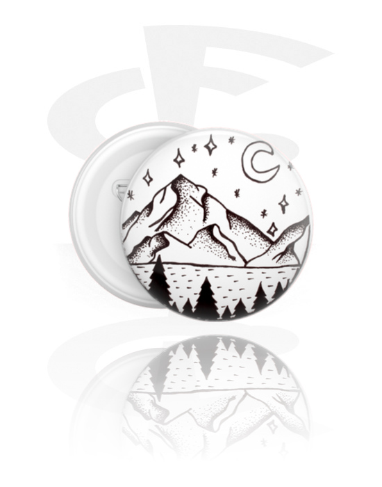Buttons, Button s motivem „hory“, Pocínovaný plech, Plast