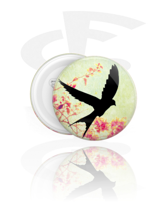 Buttons, Pin com design pássaros, Folha de flandres, Plástico