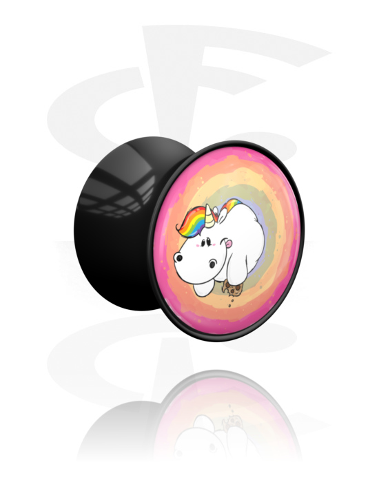 Tunneler & plugger, Dobbeltformet plugg (akryl, svart) med Chubby Unicorn Design, Akryl