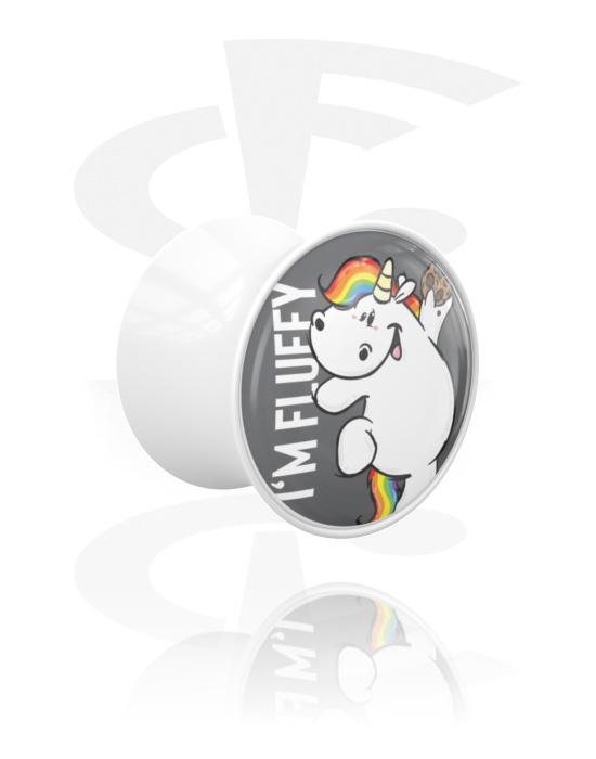 Tunneler & plugger, Dobbeltformet plugg (akryl, hvit) med Chubby Unicorn Design, Akryl