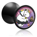 Tunnels & Plugs, Double flared plug (acryl, zwart) met Mollige eenhoorn-motief, Acryl