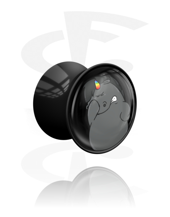 Tunely & plugy, Plug s rozšířenými konci (akryl, černá) s designem mrzutý jednorožec, Akryl